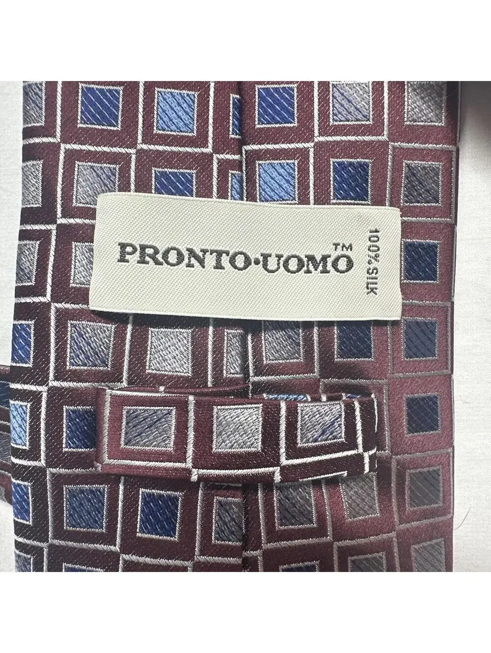 Pronto Uomo Necktie Mens OS Burgundy Blue Silver Geometric Square Silk Hand Made